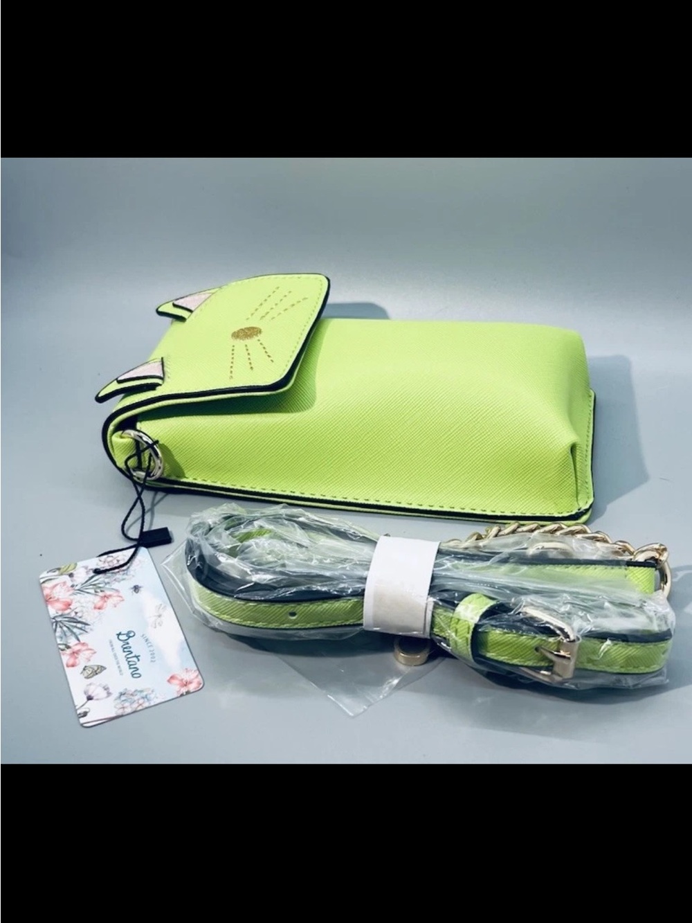 NEW BRENTANO Cat Handbag Neon Green Faux Leather Chain Crossbody
Wallet Phone